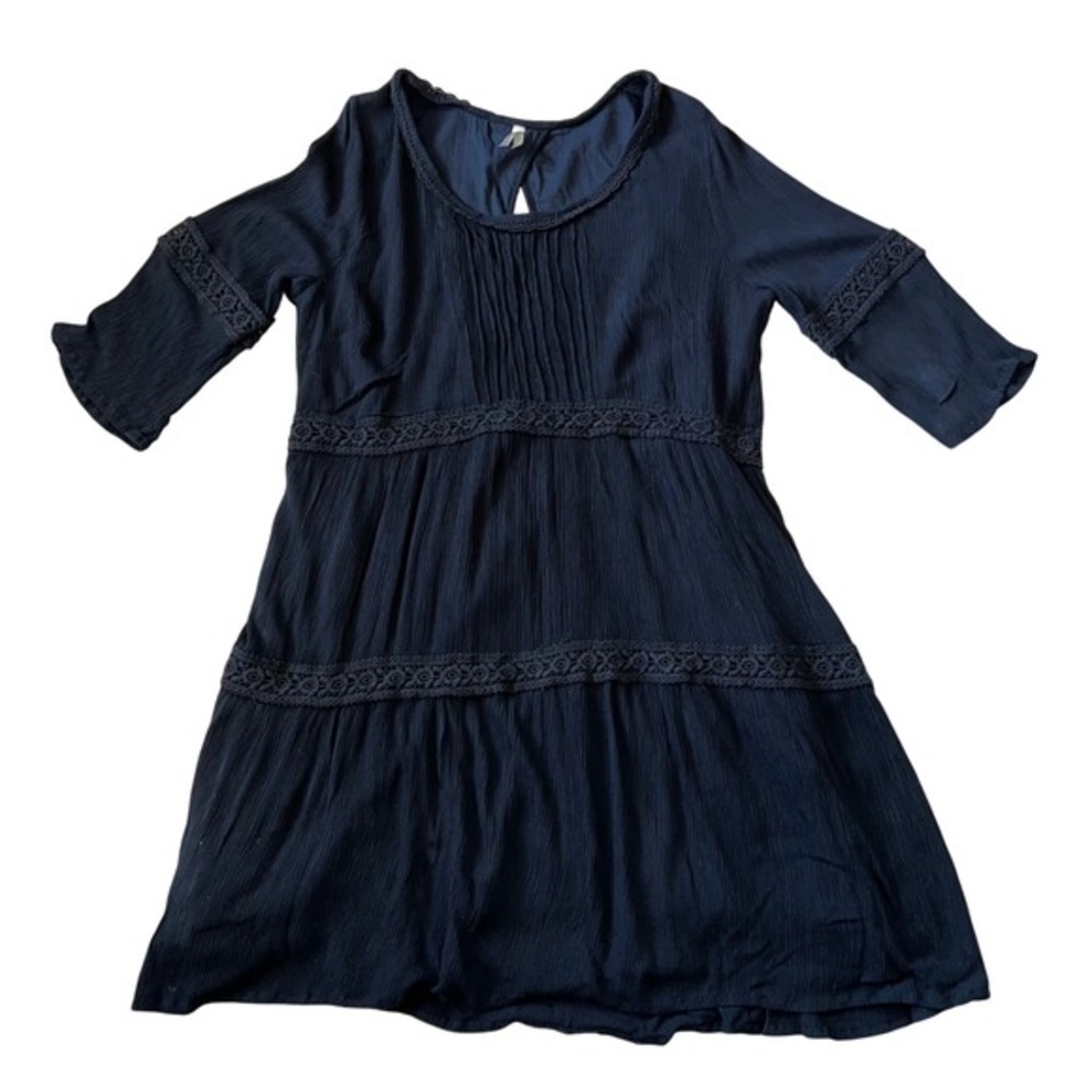 Roper Tiered Textured Lace Half Sleeve Babydoll Boho Rayon Black Dress‎ Sz Large